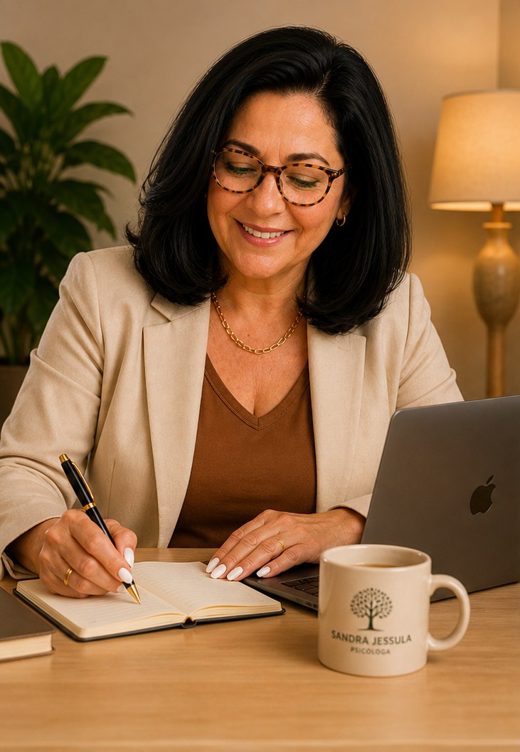 Sandra Jessula escrevendo em seu consultório